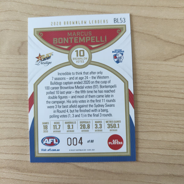2021 Select Prestige Brownlow Leaders Marcus Bontempelli Western Bulldogs LOW NUMBER No.004/80