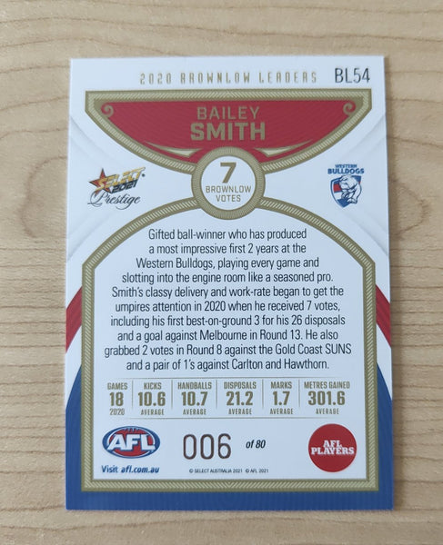2021 AFL Select Prestige Brownlow Leaders Bailey Smith Western Bulldogs Jumper Number 006/80