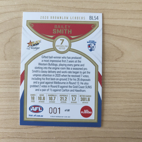 2021 Select Prestige Brownlow Leaders Bailey Smith Western Bulldogs LOW NUMBER No.001/80