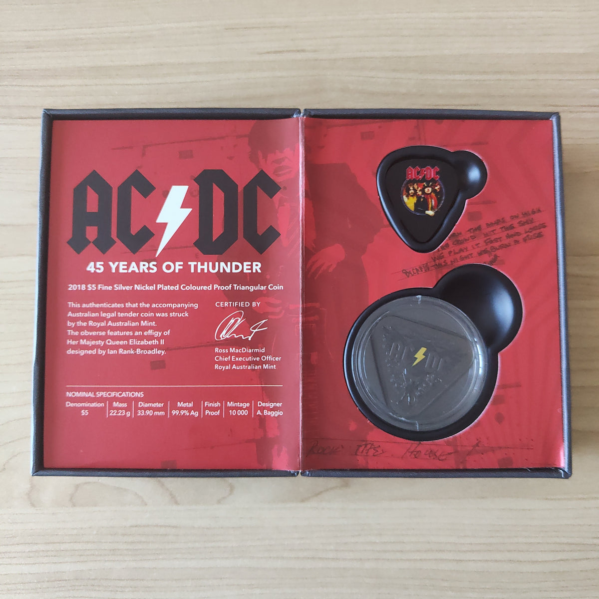 2018 Royal Australian Mint $5 ACDC Silver Coloured Triangular Proof Co ...