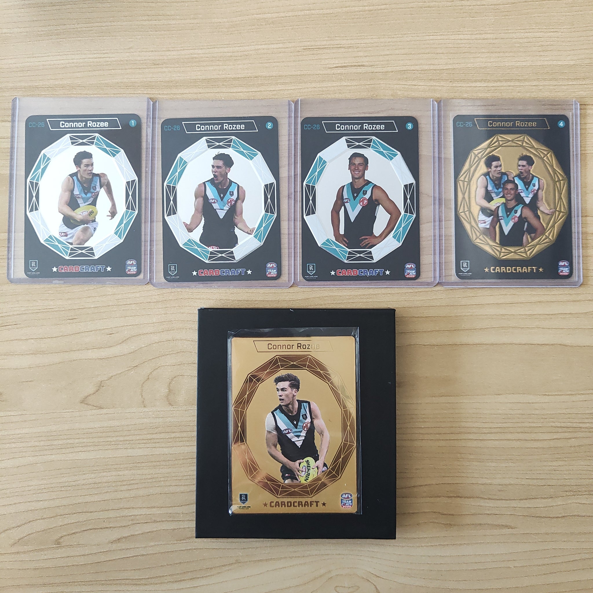 2022 Teamcoach Card Craft Connor Rozee Port Adelaide Complete Set of 4 Cards + Redeemed 24k Gold Card