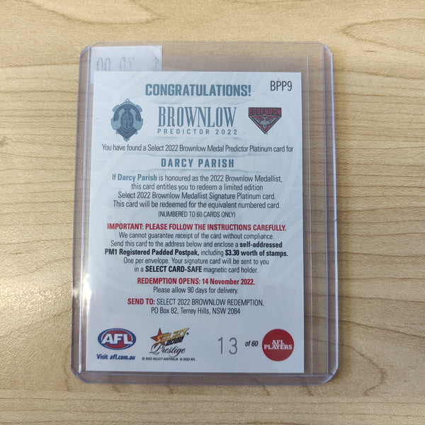 2022 Select Prestige Platinum Brownlow Predictor Darcy Parish Essendon 13/60