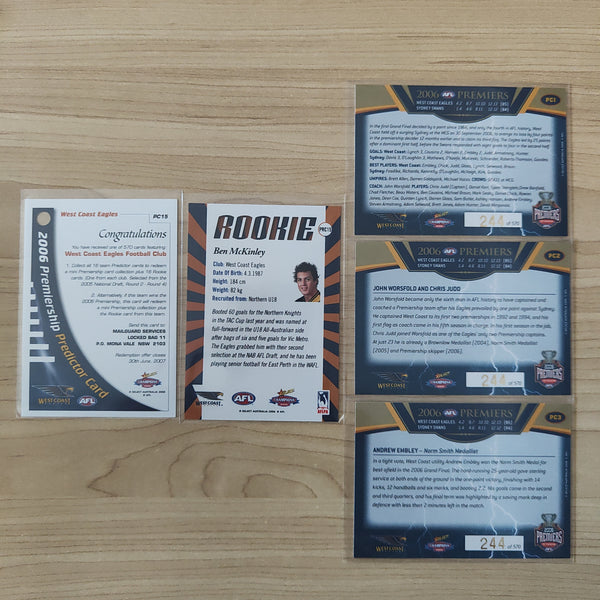 2006 Select Champions Premiership Predictor Card West Coast + Benjamin McKinley Rookie Card 244/570