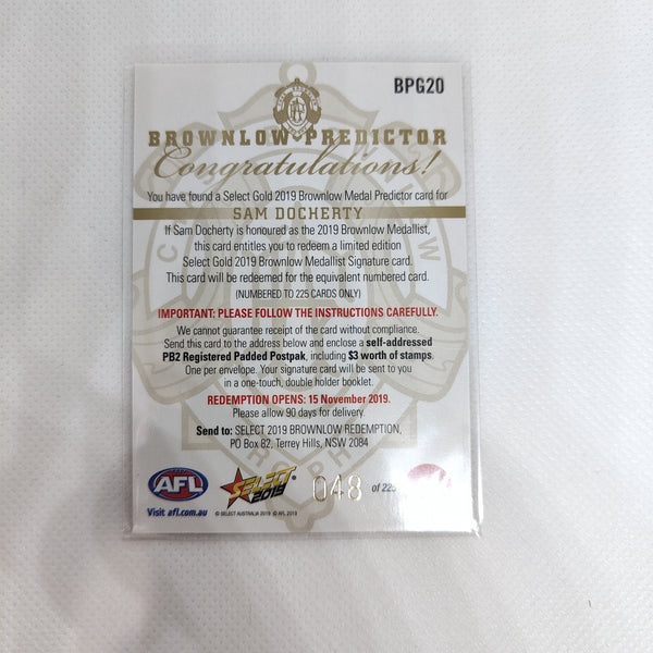 2019 Select Gold Brownlow Predictor Sam Docherty Carlton