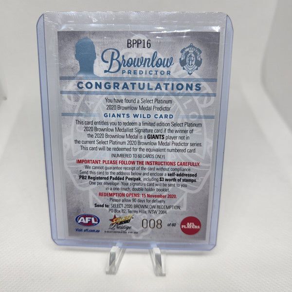 2020 AFL Select Prestige Platinum Brownlow Predictor GWS LOW NUMBER 008/60