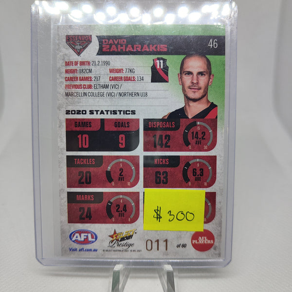 2021 AFL Select Prestige Green Parallel David Zaharakis Essendon JUMPER NUMBER 11/60