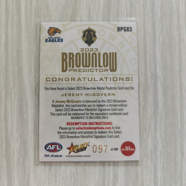 2023 Select Footy Stars Gold Brownlow Predictor Jeremy McGovern West Coast 097/260