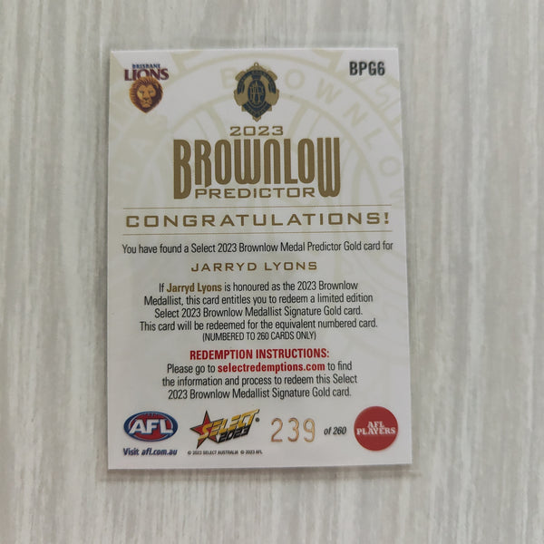 2023 Select Footy Stars Gold Brownlow Predictor Jarryd Lyons Brisbane 239/260