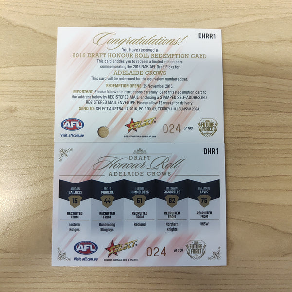 2016 Select Future Force Draft Honour Roll Redemption Adelaide 024/100