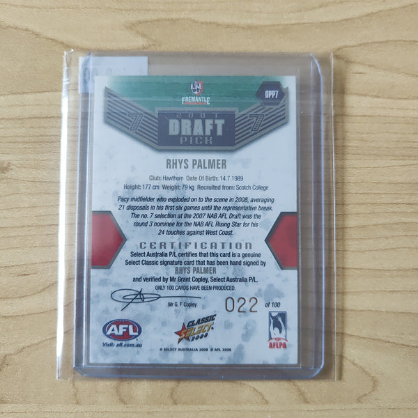 2008 Select Classic Draft Pick Platinum Signature Card Rhys Palmer Fremantle 022/100