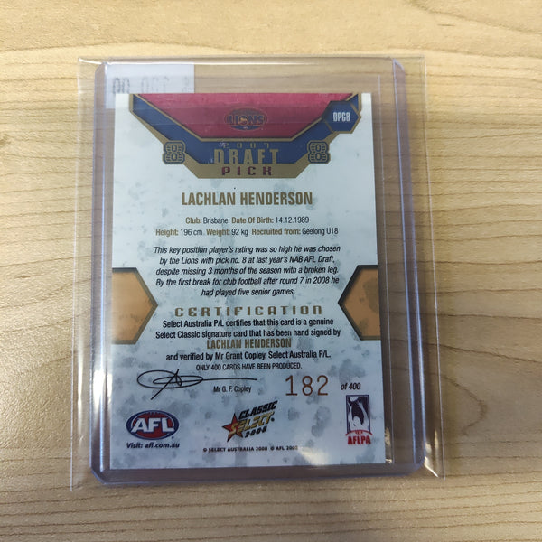 2008 Select Classic Draft Pick Gold Signature Card Lachlan Henderson PRINTING ERROR