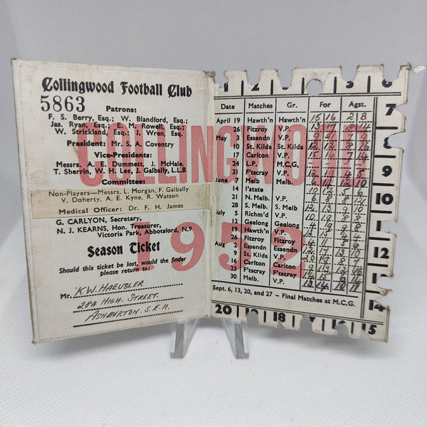VFL 1952 Collingwood Football Club Members Season Ticket
