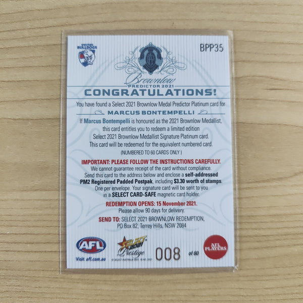 2021 AFL Select Prestige Platinum Brownlow Predictor Marcus Bontempelli Western Bulldogs LOW NUMBER No.008/60