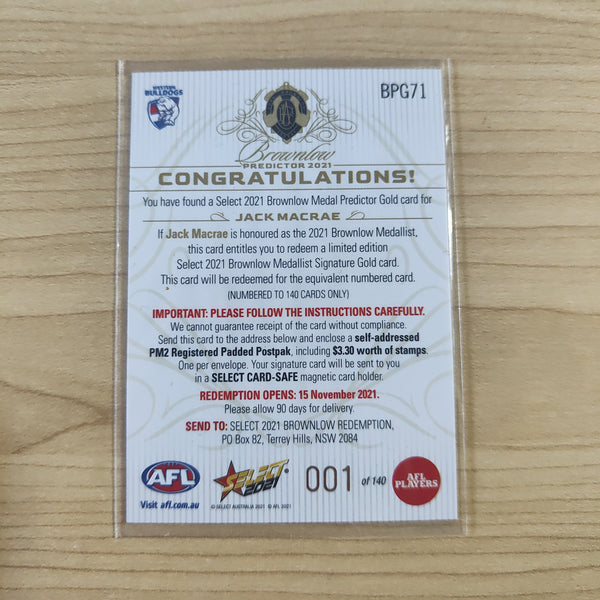 2021 AFL Select Footy Stars Gold Brownlow Predictor Jack Macrae Western Bulldogs LOW NUMBER No.001/140