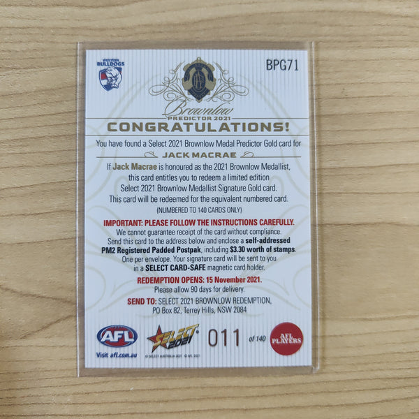2021 AFL Select Footy Stars Gold Brownlow Predictor Jack Macrae Western Bulldogs JUMPER NUMBER No.011/140