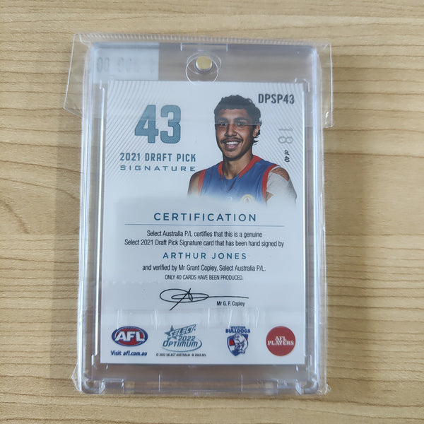 2022 AFL Select Optimum Platinum Draft Pick Signature Arthur Jones Western Bulldogs No.18/40