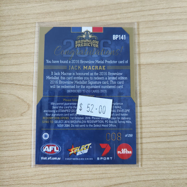 2016 Select Footy Stars Brownlow Predictor Jack Macrae Western Bulldogs 008/250