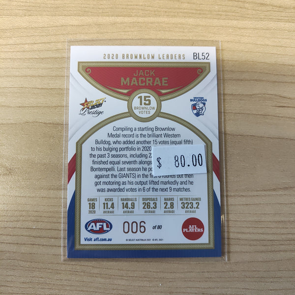 2021 Select Prestige Brownlow Leaders Jack Macrae Western Bulldogs LOW NUMBER No.006/80