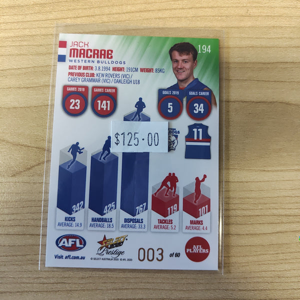 2020 AFL Select Prestige Green Parallel Jack Macrae Western Bulldogs LOW NUMBER 003/60