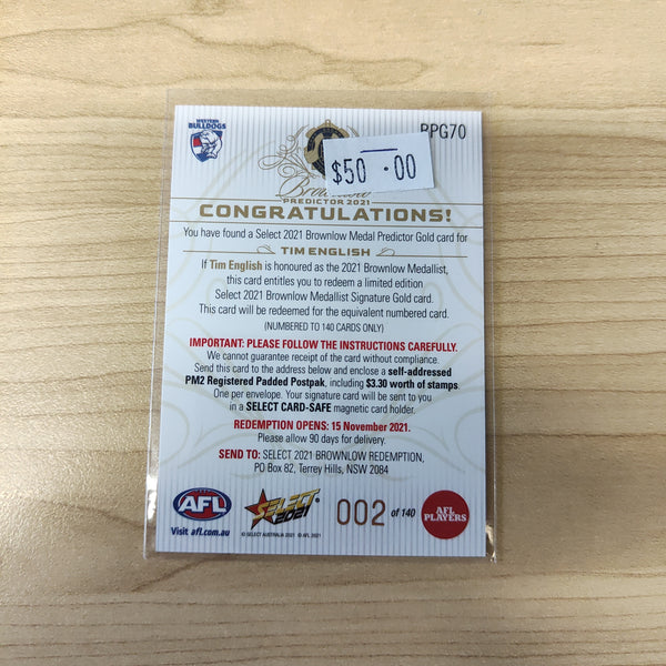 2021 AFL Select Footy Stars Gold Brownlow Predictor Tim English Western Bulldogs LOW NUMBER No.002/140