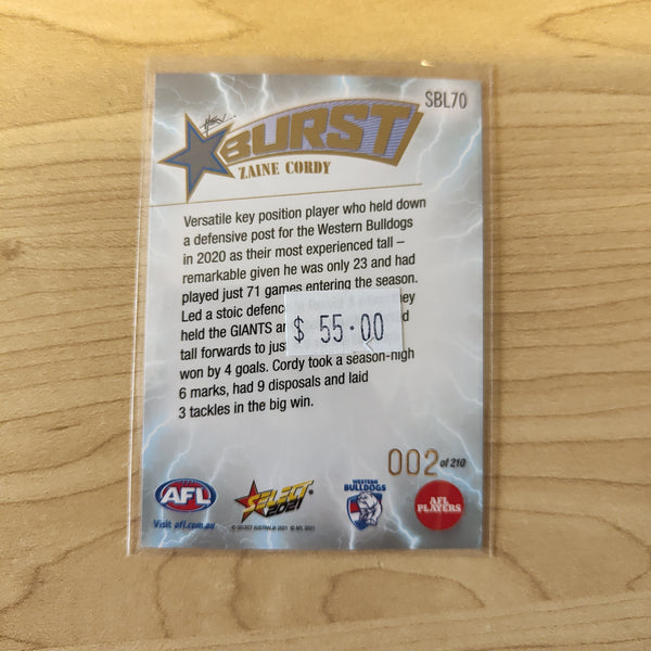 2021 Select Footy Stars Lightning Star Burst Zaine Cordy Western Bulldogs LOW NUMBER 002/210