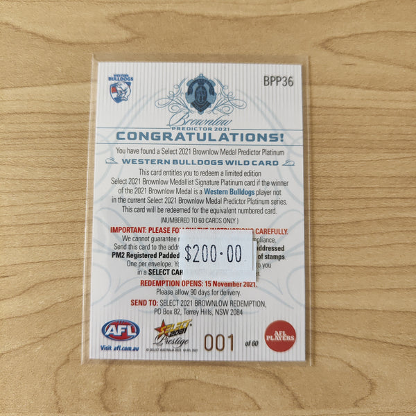 2021 AFL Select Prestige Platinum Brownlow Predictor Western Bulldogs Wild Card LOW NUMBER No.001/60