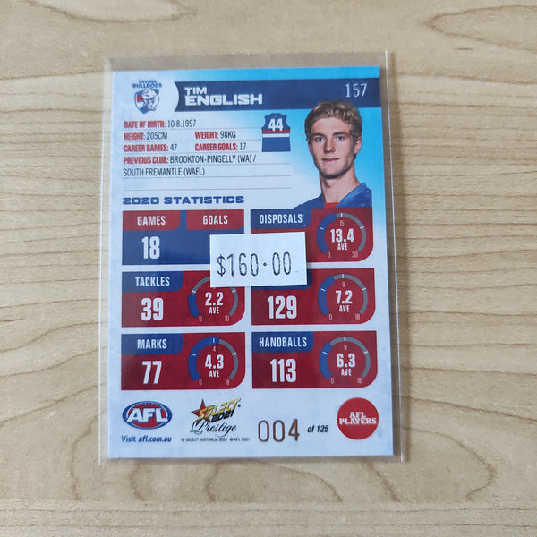2021 AFL Select Prestige Blue Parallel Tim English Western Bulldogs LOW NUMBER No.004/125