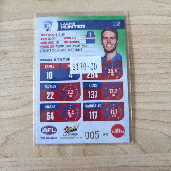 2021 AFL Select Prestige Green Parallel Lachie Hunter Western Bulldogs LOW NUMBER No.005/60