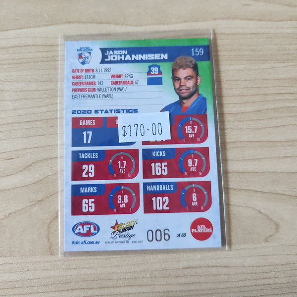 2021 AFL Select Prestige Green Parallel Jason Johannisen Western Bulldogs LOW NUMBER No.006/60