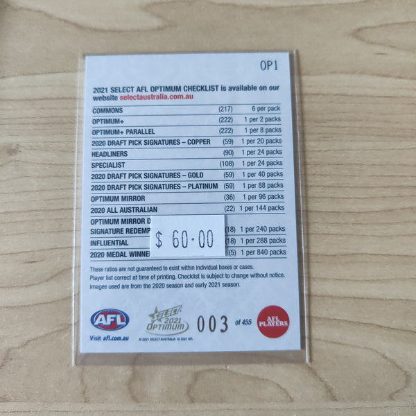 2021 AFL Optimum Plus Header Logo LOW NUMBER No.003/455
