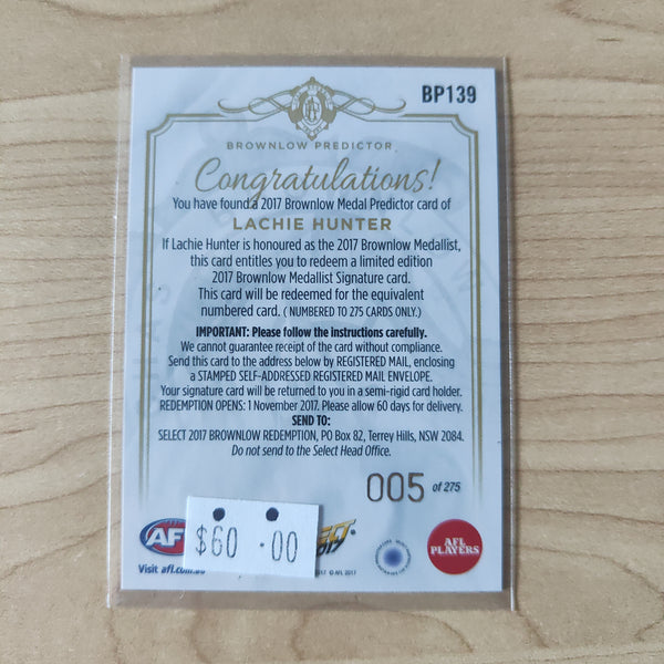 2017 Select Footy Stars Brownlow Predictor Lachie Hunter Western Bulldogs LOW NUMBER 005/275
