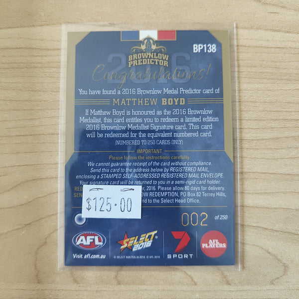 2016 Select Footy Stars Brownlow Predictor Matthew Boyd Western Bulldogs 002/250