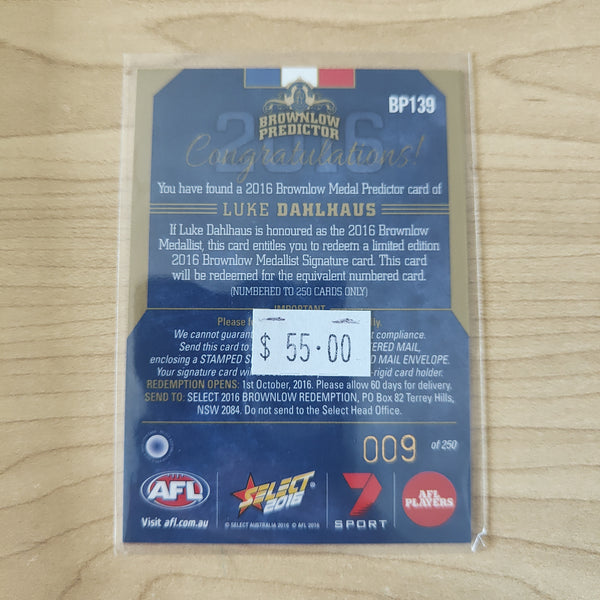 2016 Select Footy Stars Brownlow Predictor Luke Dahlhaus Western Bulldogs 009/250