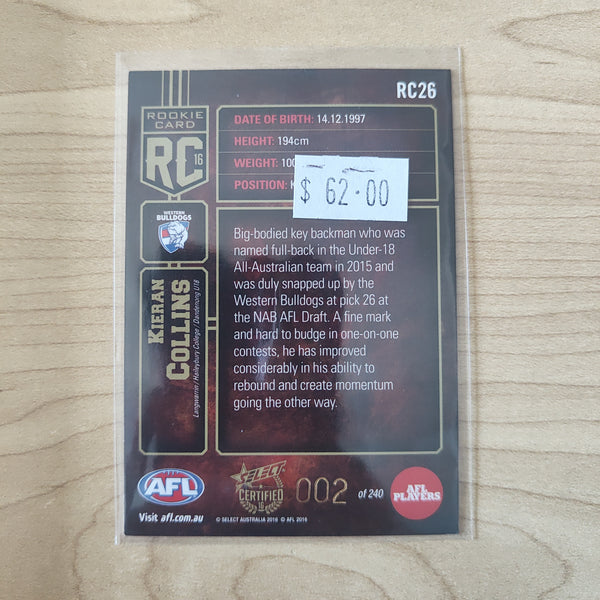 2016 Select Certified Rookie Card Kieran Collins Western Bulldogs LOW NUMBER No.002/240
