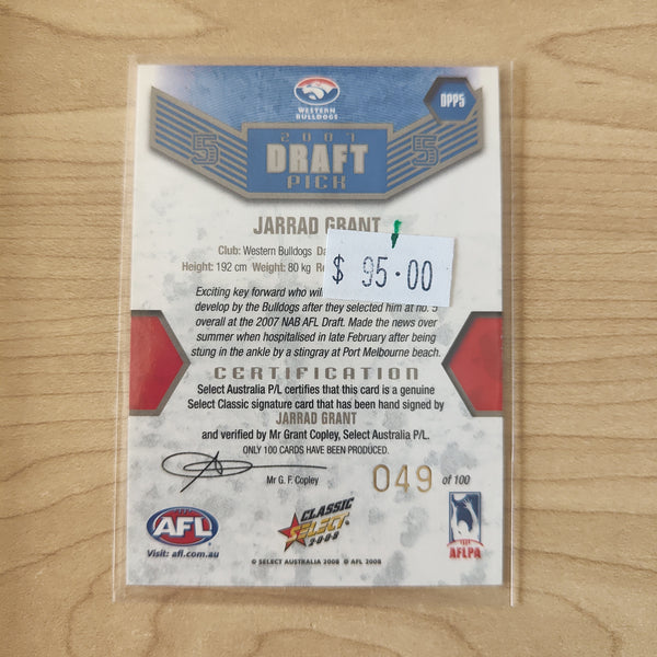 2008 Select Classic Draft Pick Platinum Signature Card Jarrad Grant Western Bulldogs