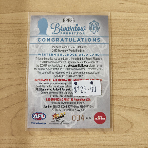 2020 AFL Select Prestige Platinum Brownlow Predictor Western Bulldogs Wild Card LOW NUMBER 004/60