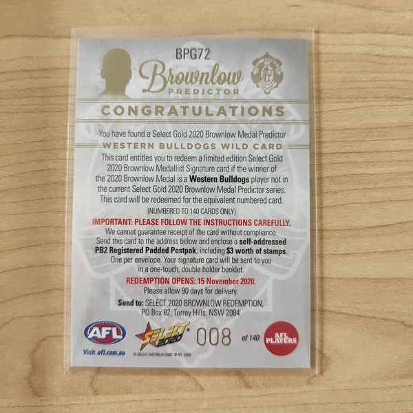 2020 AFL Select Prestige Platinum Brownlow Predictor Western Bulldogs Wild Card LOW NUMBER 008/140