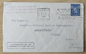 Australia Sydney - USA 1940 Cover to American National Bank Indianapolis