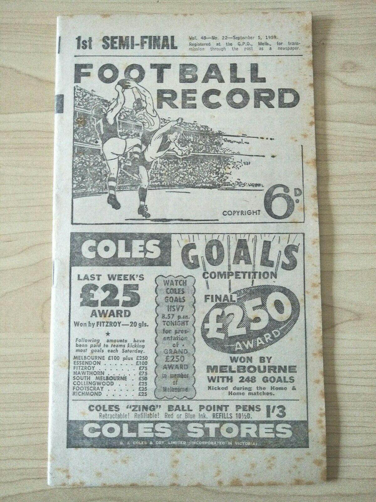 VFL 1959 1st Semi Final Football Record Collingwood v Essendon