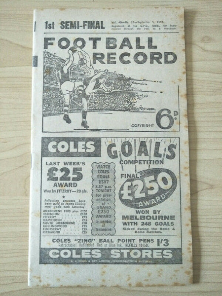 VFL 1959 1st Semi Final Football Record Collingwood v Essendon