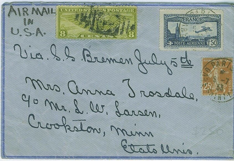 France USA Airmail combination cover from Paris using both countries stamps