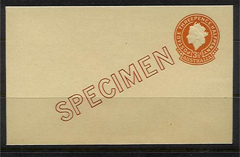 Australia Embossed Envelope HG32 3½d Orange QEII 29mm. Specimen overprint in Red
