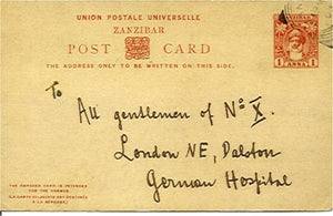 Zanzibar HG#PC12 1 Anna Reply Card to London GB WW1