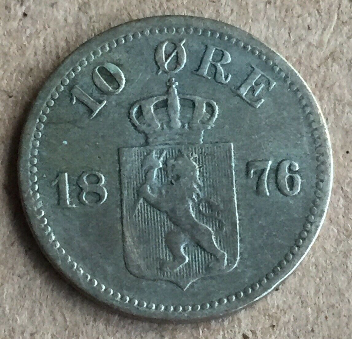 Norway 1876 Ten Ore Coin. Very Fine Condition