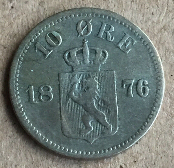 Norway 1876 Ten Ore Coin. Very Fine Condition