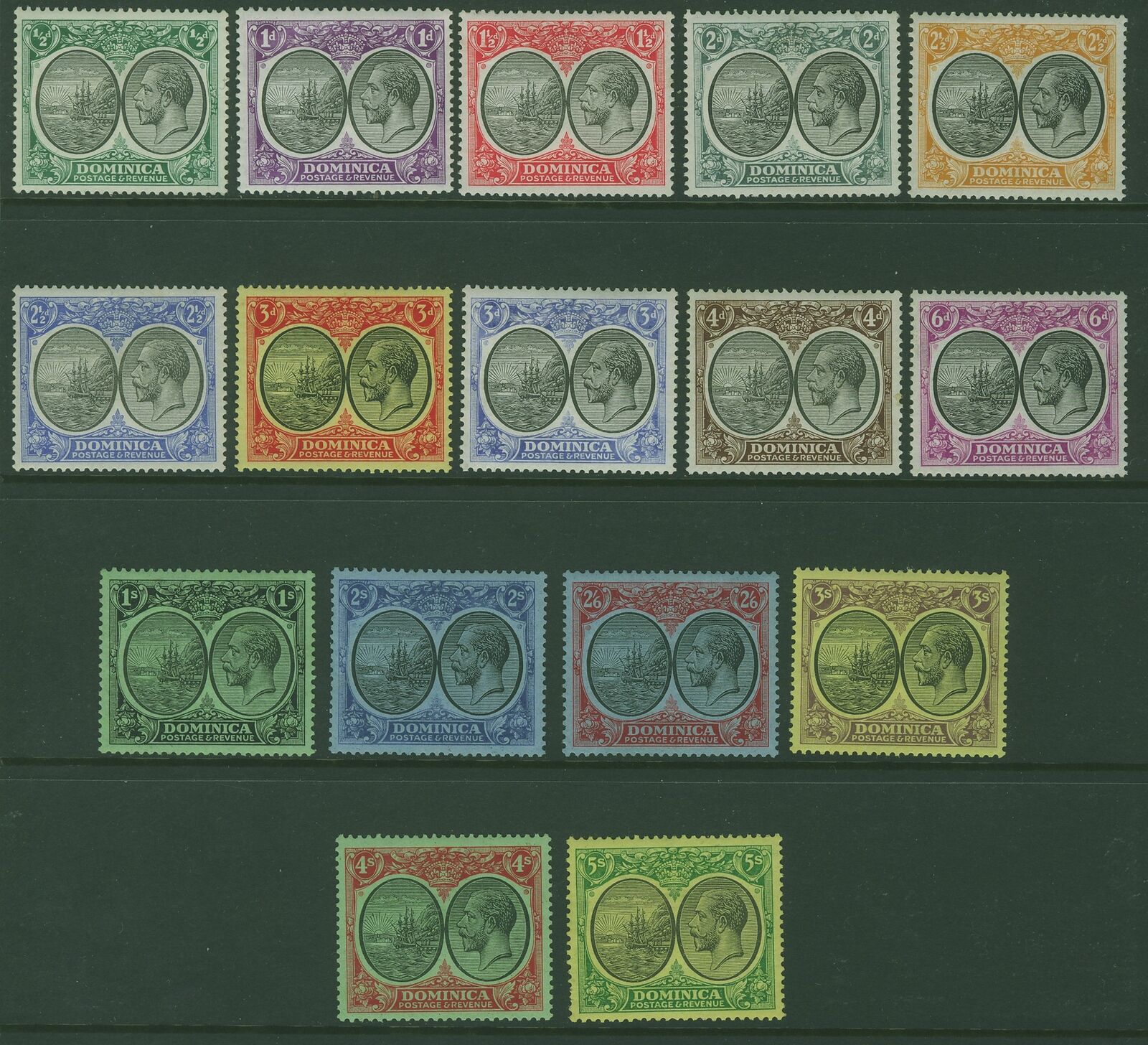 Dominica West Indies Caribbean SG 71/88 Set to 5s KGV ships Ex 1d 16 values MLH