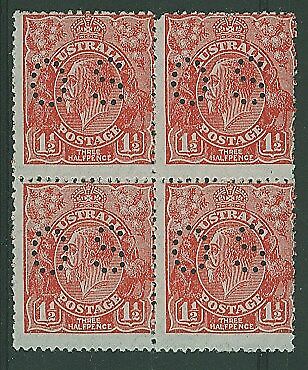 Australia SG O100 1½d scarlet KGV perforated OS in block of 4 MUH