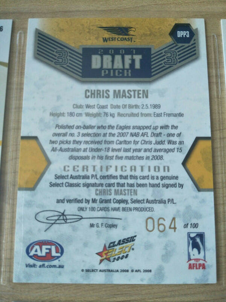 2008 Select Classic Draft Pick Platinum Signature Card Chris Masten West Coast