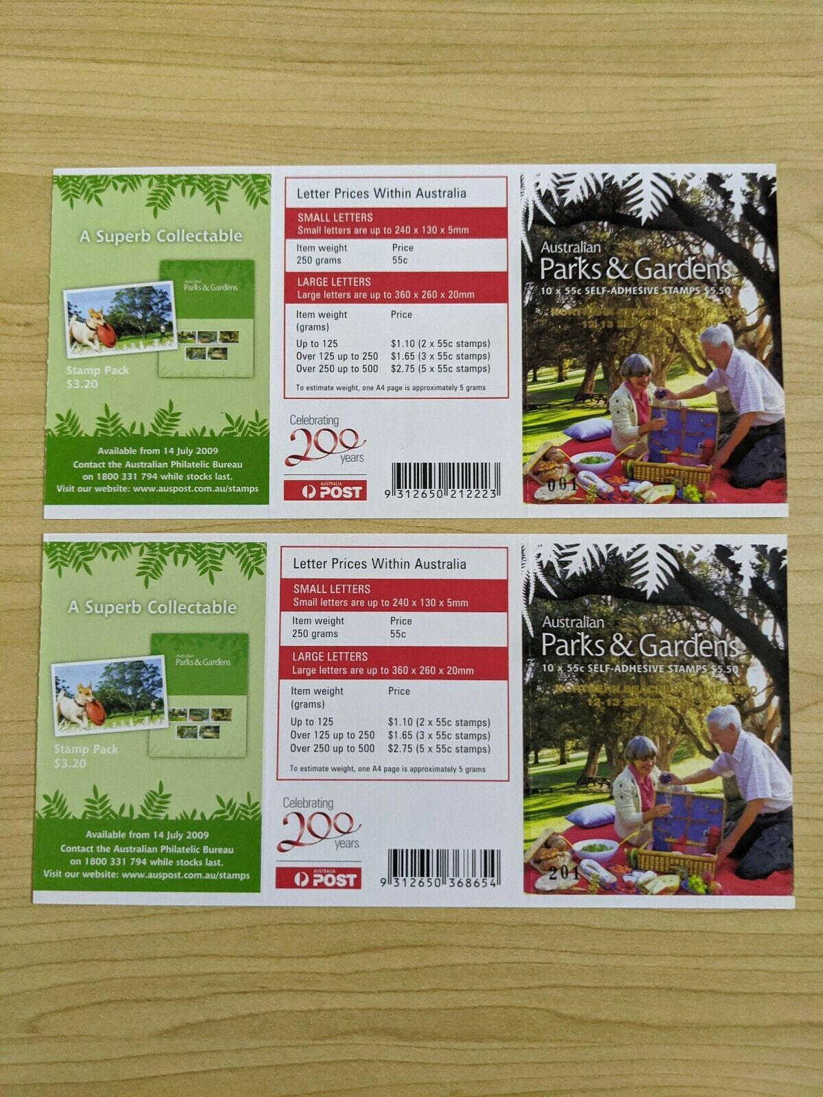 Australian Parks Gardens 50c Self Adhesive Booklets 001& 201 first each barcode