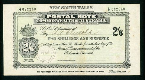 Australia NSW 2/6 Postal Note banknote postal stationery used Haymarket 1947